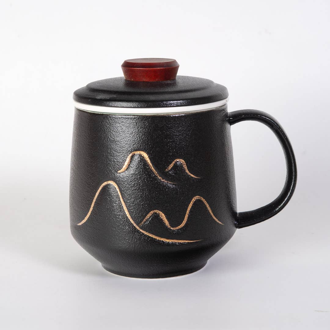 Mountain Design Black 12oz Tea Mugs with Lid and Infuser