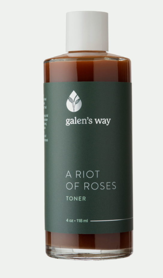 Galen's Way a riot of roses toner clear glass 4oz bottle with a green label and white cap. "Fresh and bright, our gentle blend of herbals imparts radiance in all skin types. Soothing rose, green tea and licorice root synergize to protect, condition and enhance skin texture. Daily application prepares the skin to receive the benefits of moisturizer."